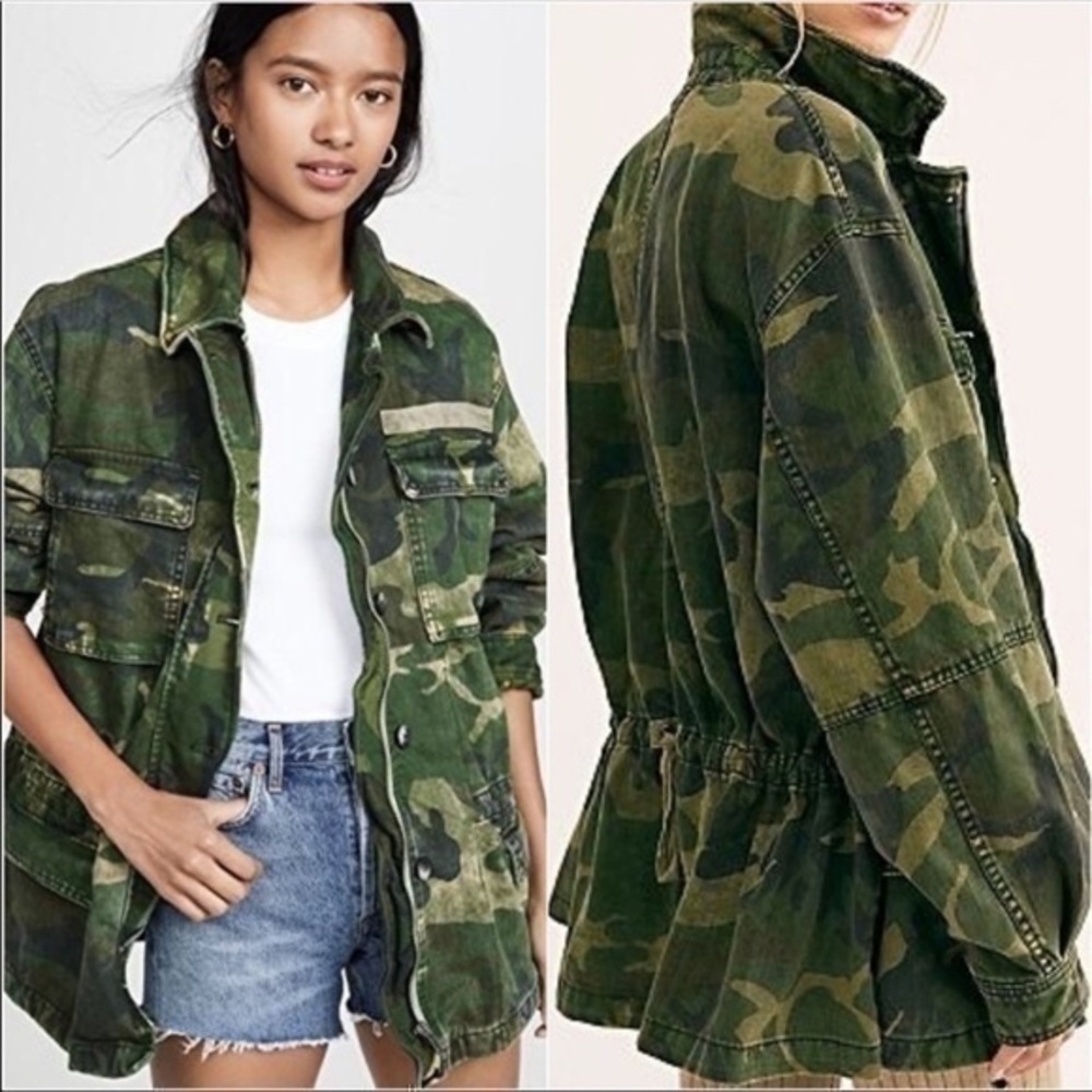 FREE PEOPLE Seize The Day Green Camo Print Utility Jacket